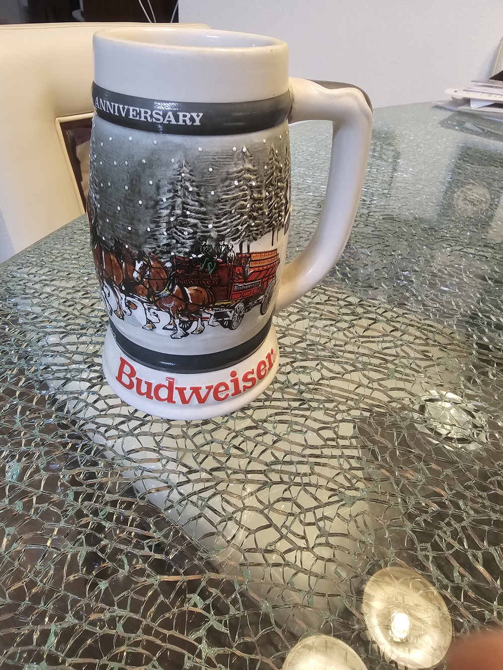 Budweiser 50th Anniversary Holiday Ceramic Beer Stein - White with Red Logo